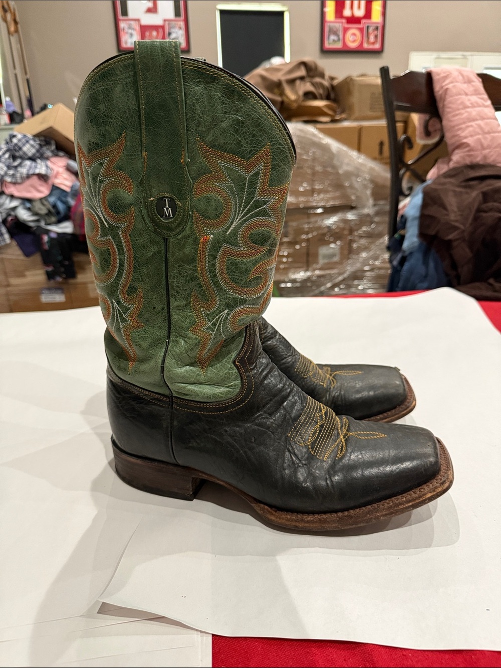 Men's Green and Black Western Cowboy Boots with Embroidered Shaft